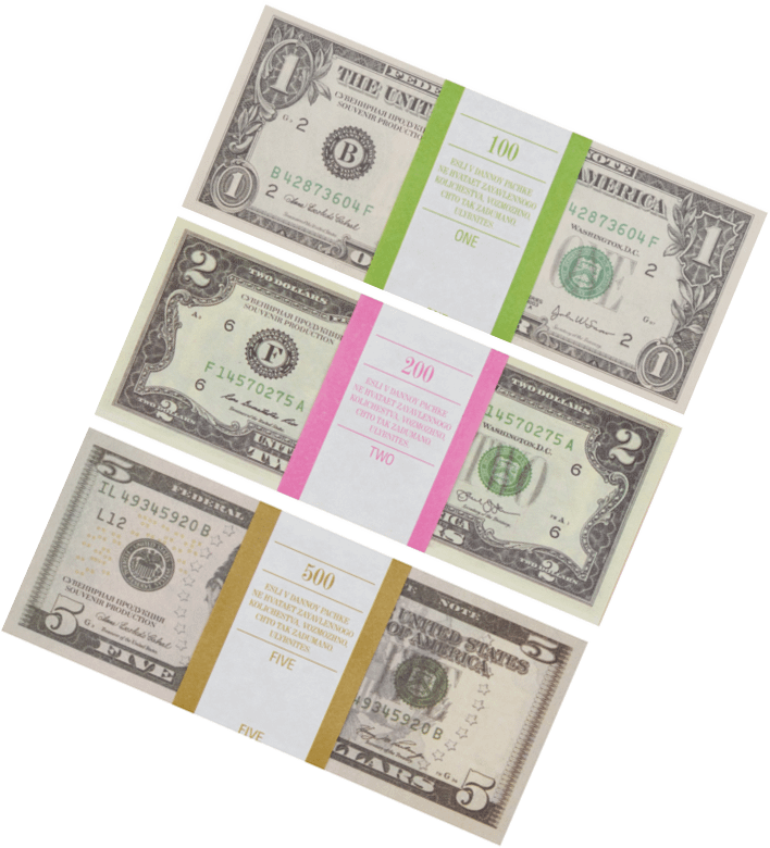 Kit de faux billets dollars américains 1, 2, 5