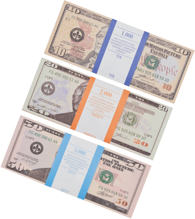 Kit de faux billets dollars américains 10, 20, 50