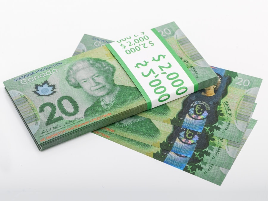 20 dollars canadiens pile de 100 faux billets