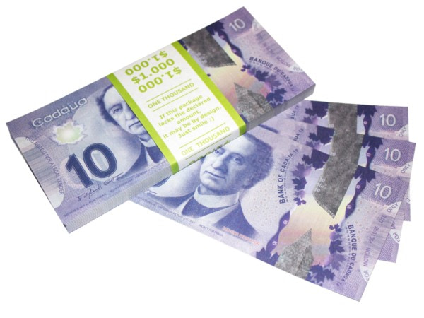 10 dollars canadiens pile de 100 faux billets