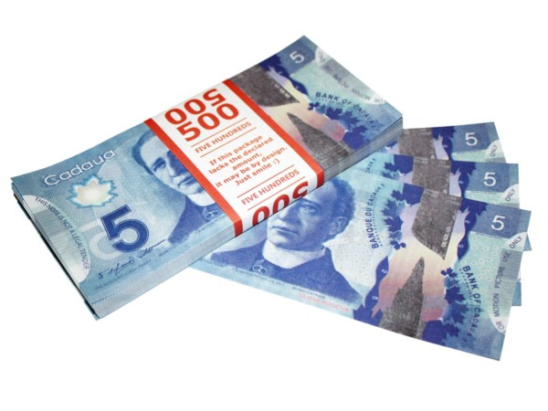 5 dollars canadiens pile de 100 faux billets